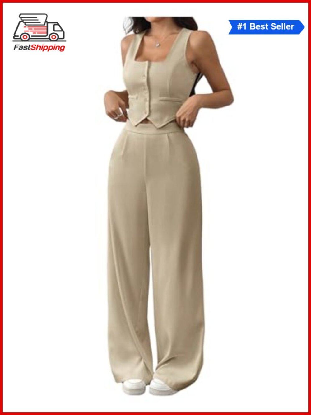✨ WDIRARA Women's 2 Piece Set Wide Leg Pants Sleeveless Crop Vest Blazer Suit